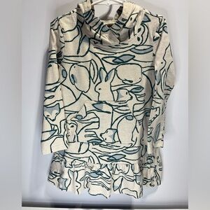 Tea Bunny 🐰 Owl 🦉 Fox Nature Patterned Cream and Teal Long Sleeve Cotton Hoodie